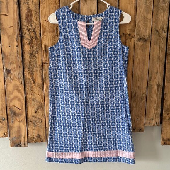 Vineyard Vines Girl’s 14 Blue Geometric Pink Seersucker Print Shift Tunic‎ Dress - Picture 1 of 14